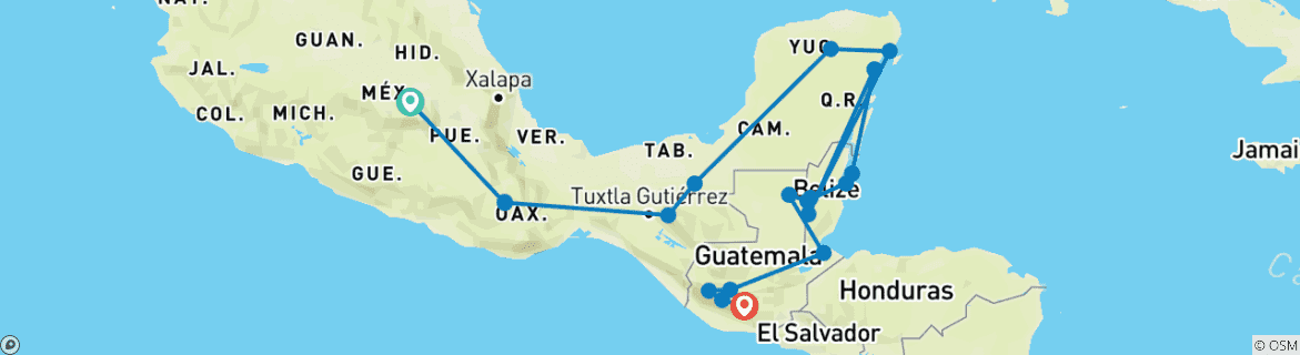 Image of a map showing the route of the tour