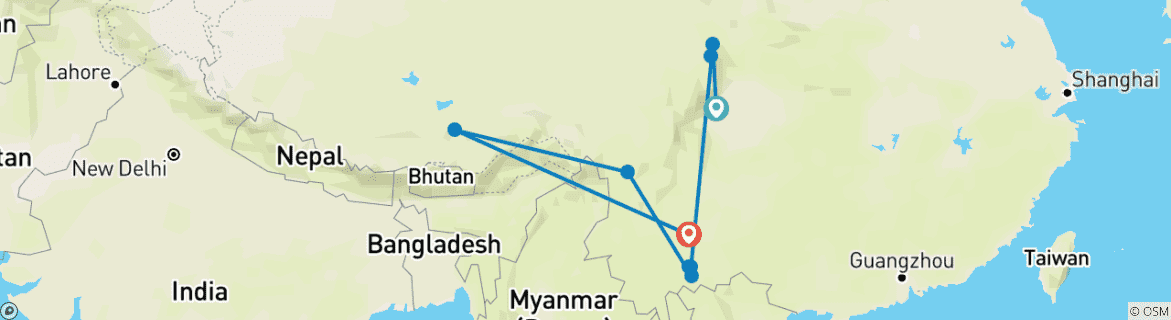 Image of a map showing the route of the tour