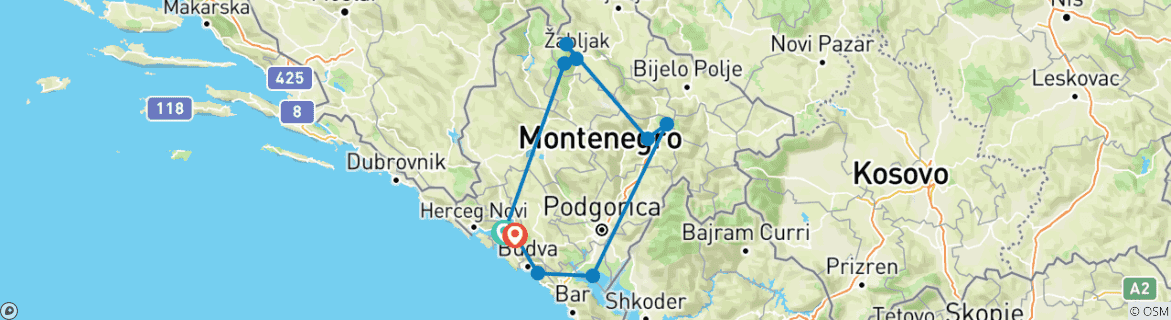 Image of a map showing the route of the tour