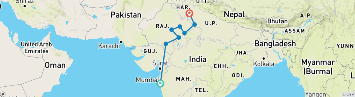 Image of a map showing the route of the tour