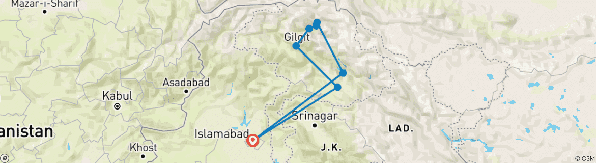 Image of a map showing the route of the tour