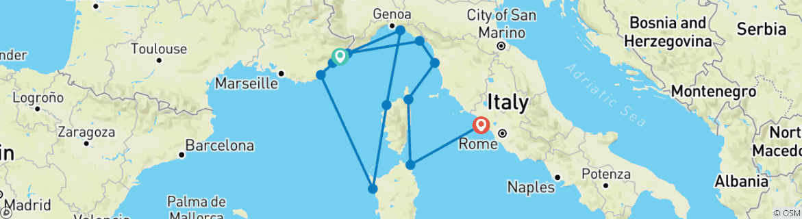 Image d'une carte montrant l'itinéraire du circuit