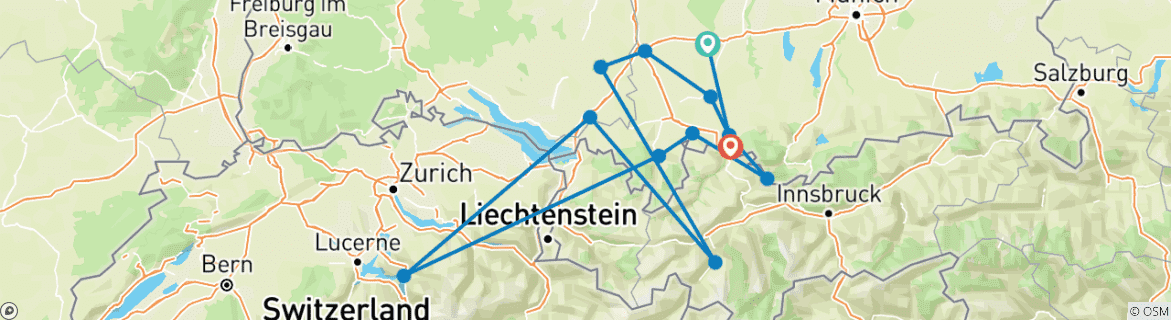 Image of a map showing the route of the tour