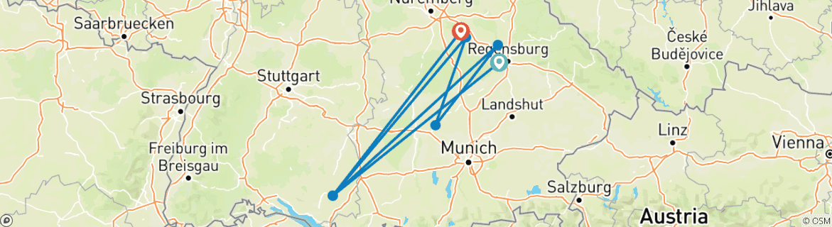 Image of a map showing the route of the tour