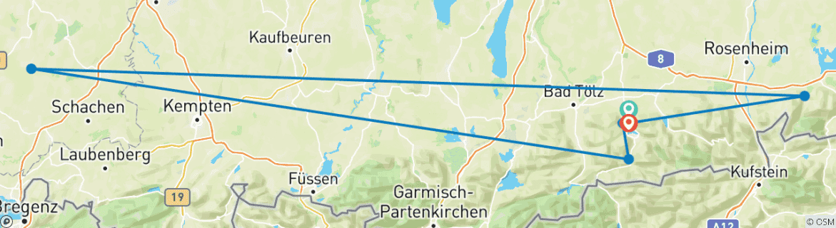 Image of a map showing the route of the tour