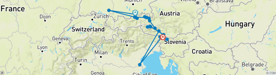 Image of a map showing the route of the tour