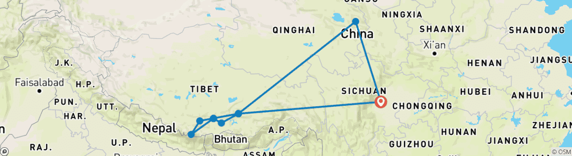 Image of a map showing the route of the tour