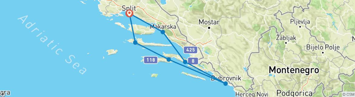 Image of a map showing the route of the tour