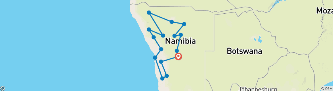 Image of a map showing the route of the tour