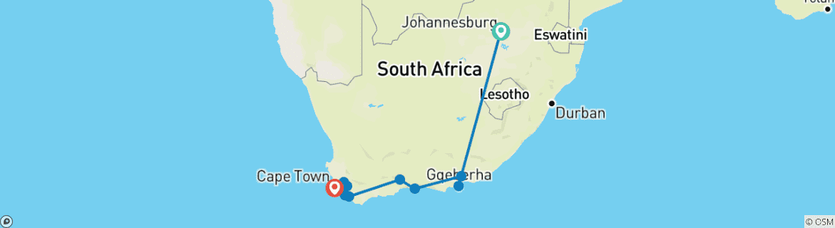 Image of a map showing the route of the tour