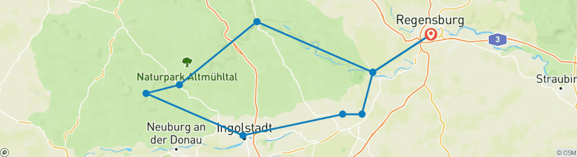 Image of a map showing the route of the tour
