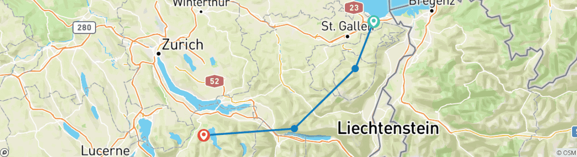 Image of a map showing the route of the tour