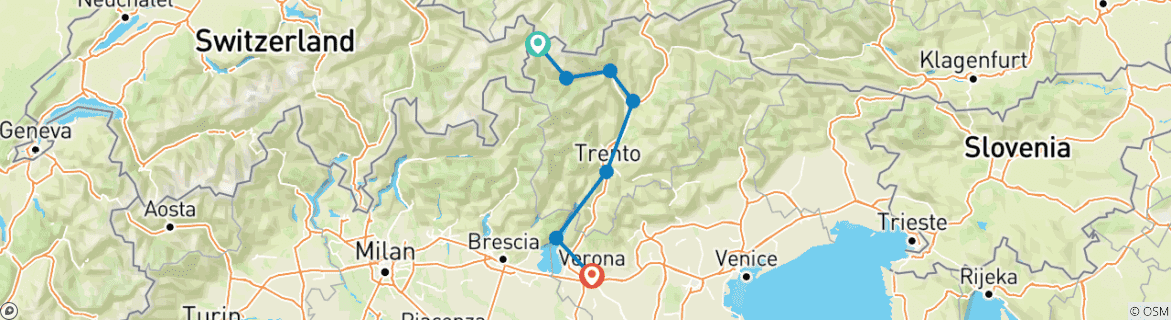 Image of a map showing the route of the tour