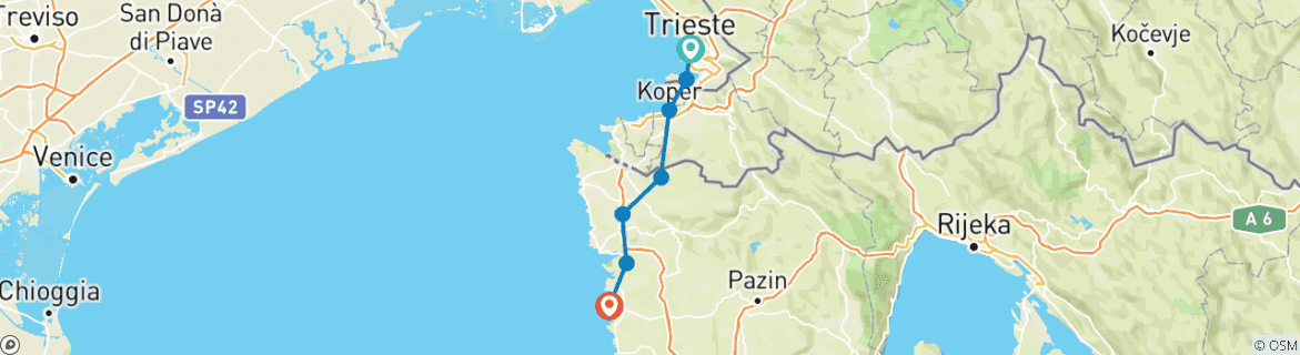 Image of a map showing the route of the tour