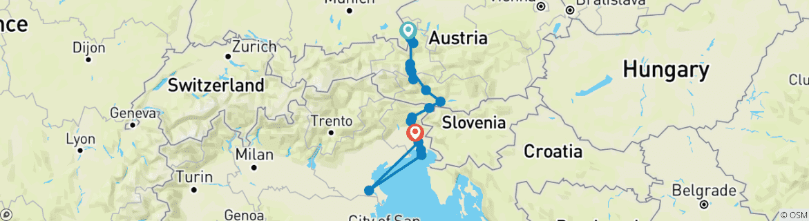 Image of a map showing the route of the tour