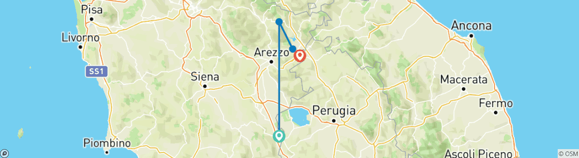 Image of a map showing the route of the tour