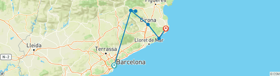 Image of a map showing the route of the tour