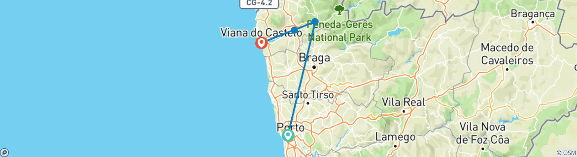 Image of a map showing the route of the tour
