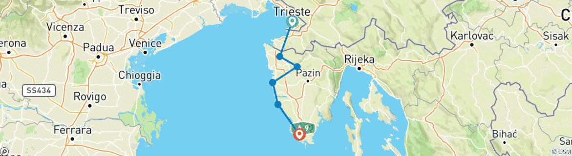 Image of a map showing the route of the tour