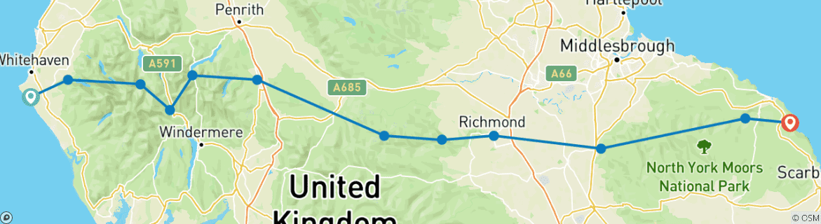 Image of a map showing the route of the tour
