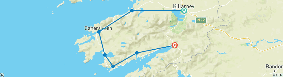 Image of a map showing the route of the tour