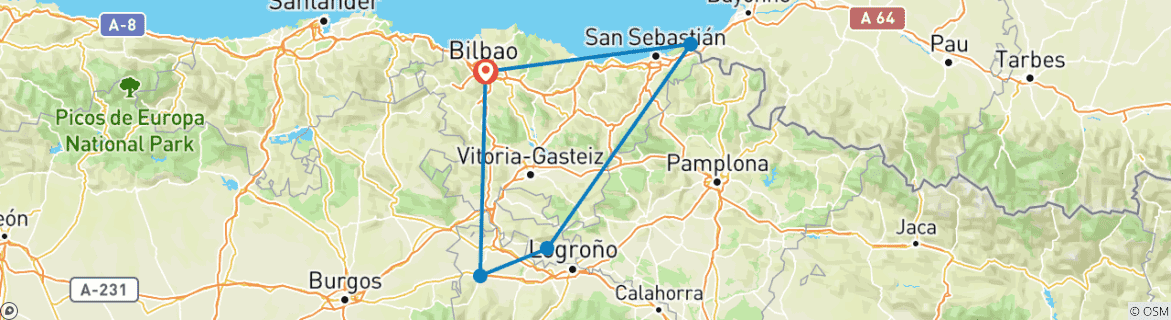 Image of a map showing the route of the tour