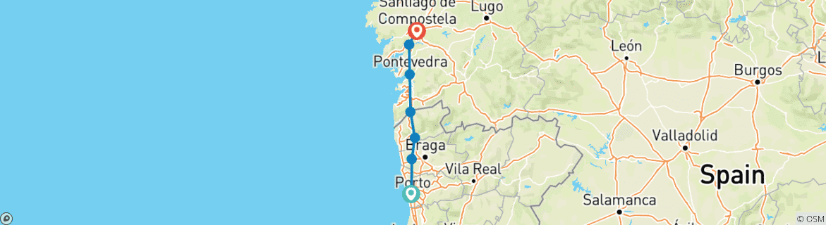 Image of a map showing the route of the tour