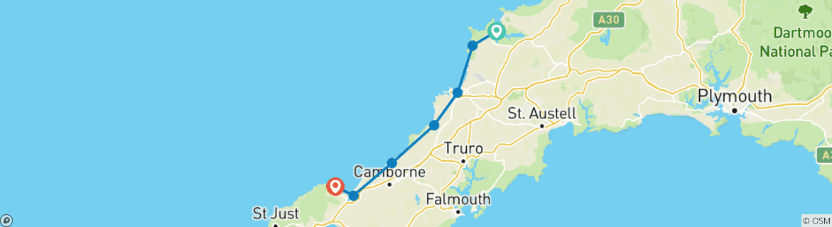 Image of a map showing the route of the tour