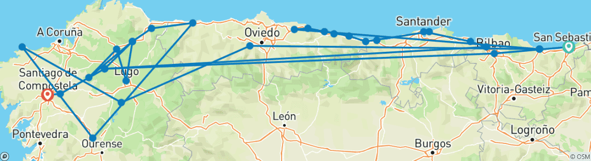 Carte du circuit Chemin de Saint-Jacques du Nord, de Saint-Sébastien à Saint-Jacques-de-Compostelle (41 jours)