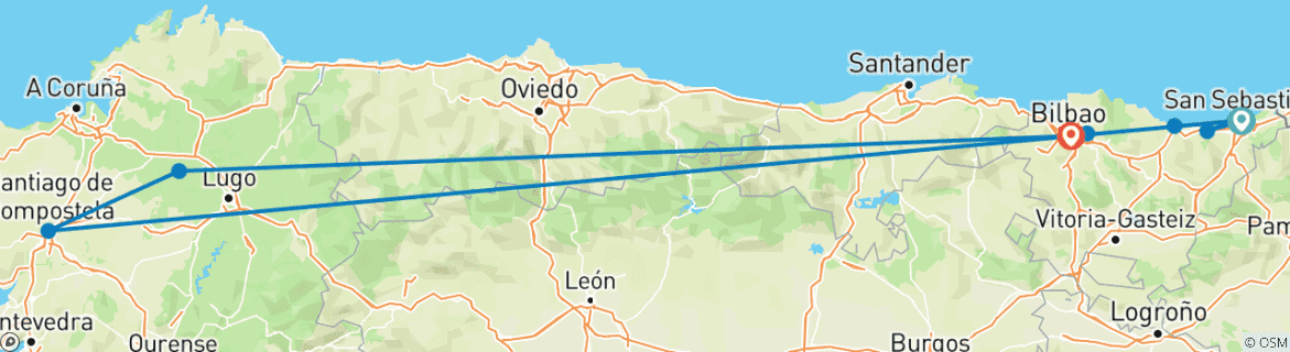 Image of a map showing the route of the tour