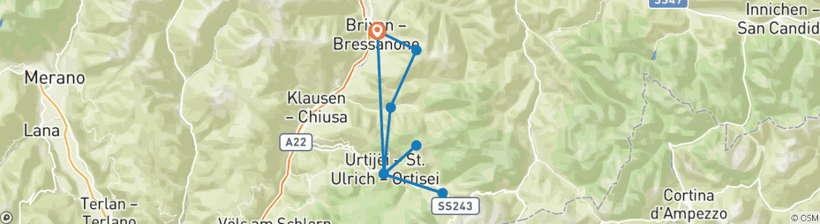 Image of a map showing the route of the tour