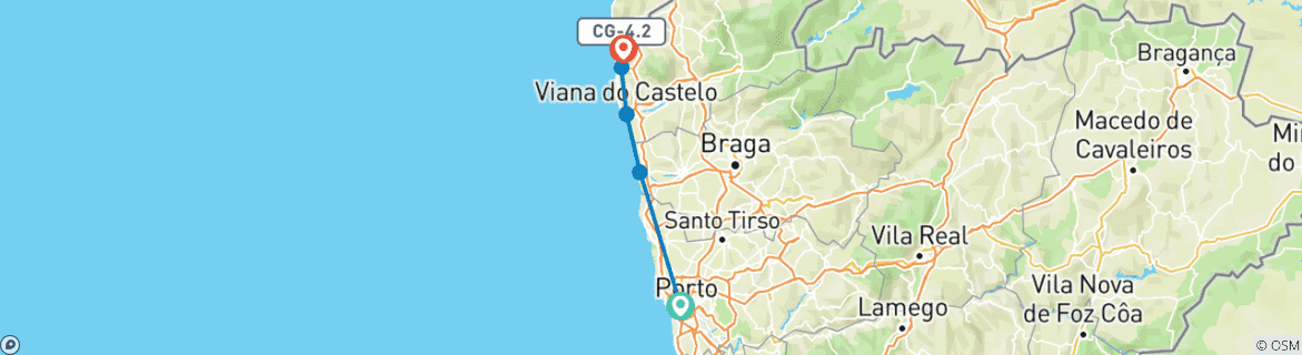 Image of a map showing the route of the tour