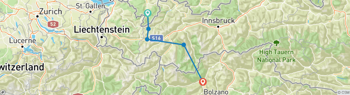 Image of a map showing the route of the tour