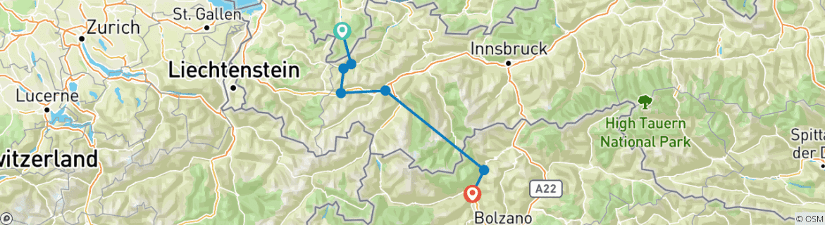 Image of a map showing the route of the tour