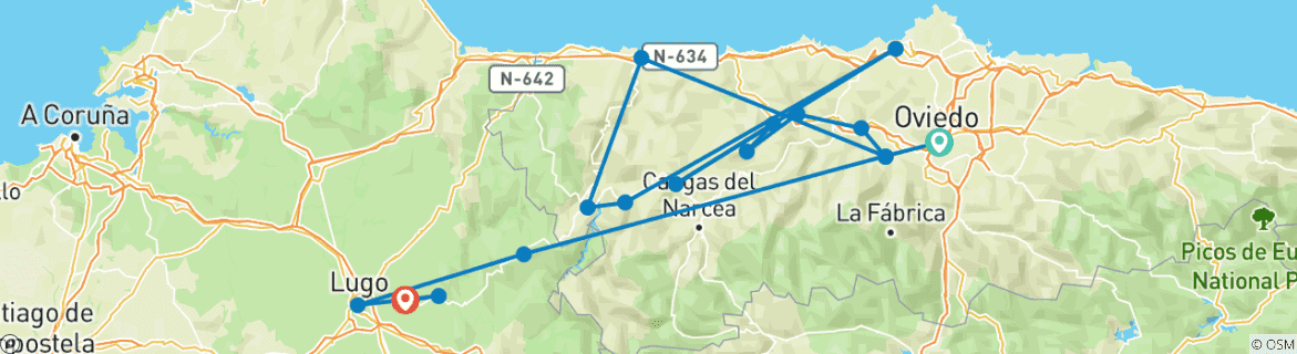 Image of a map showing the route of the tour