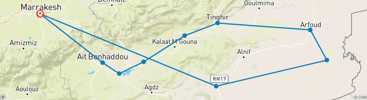 Image of a map showing the route of the tour
