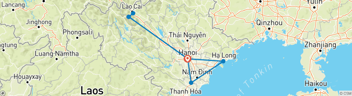 Image of a map showing the route of the tour