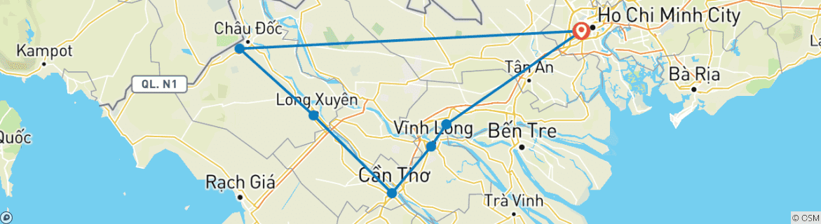 Image of a map showing the route of the tour