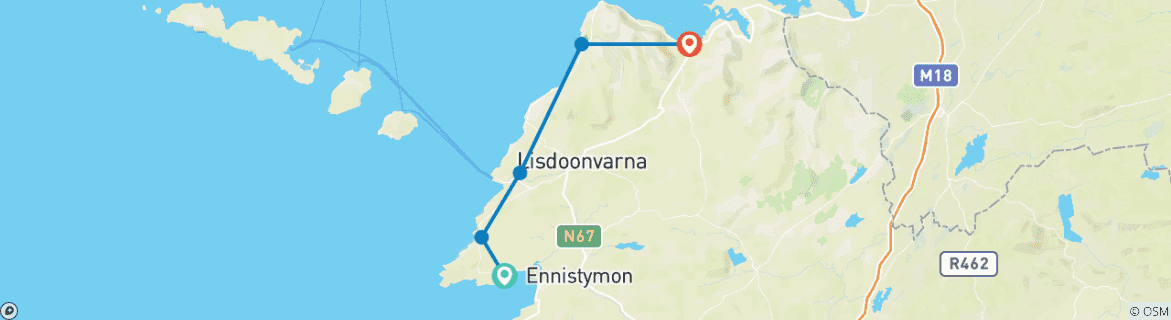 Image of a map showing the route of the tour