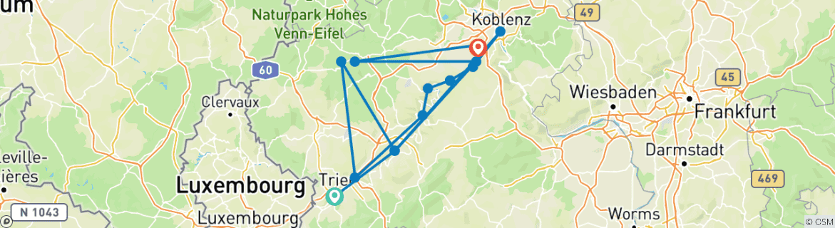 Foto van een kaart met de route van de rondreis