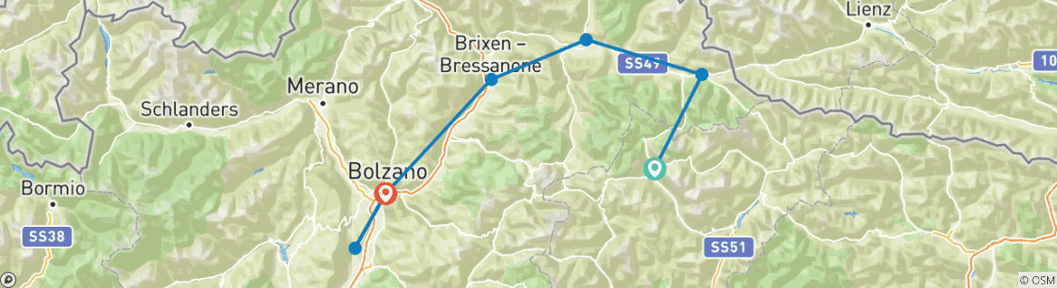 Image of a map showing the route of the tour