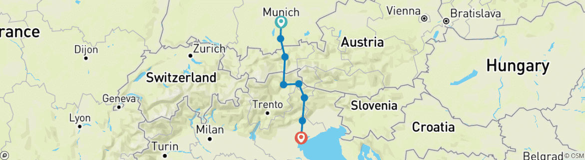 Image of a map showing the route of the tour