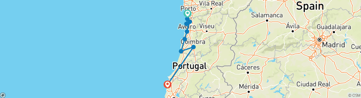 Image of a map showing the route of the tour