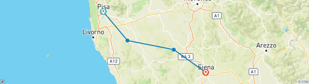 Image of a map showing the route of the tour