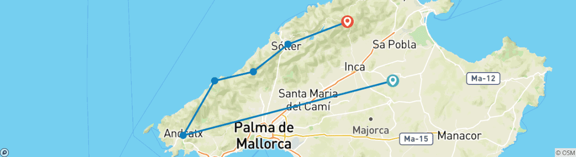 Image of a map showing the route of the tour