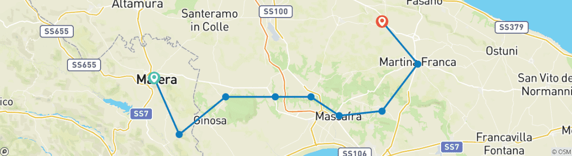 Image of a map showing the route of the tour