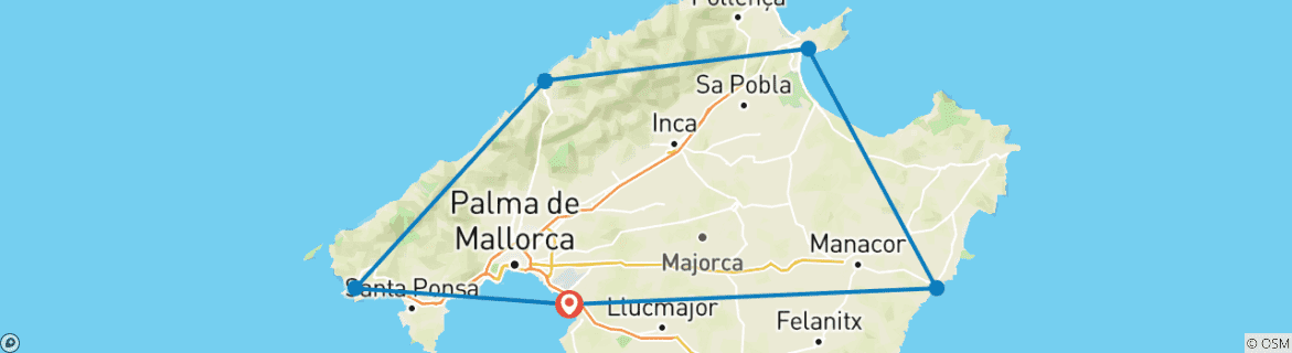 Image of a map showing the route of the tour