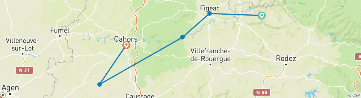 Image of a map showing the route of the tour