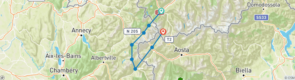 Karte von Highlights der Tour Mont Blanc (8 Tage)