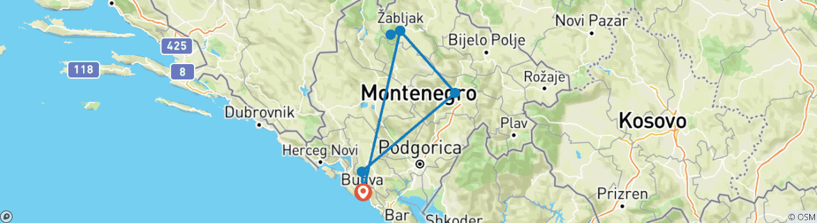 Image of a map showing the route of the tour